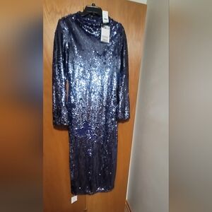 Self Portrait Navy Sequin Long Sleeve Midi Dress Size 8